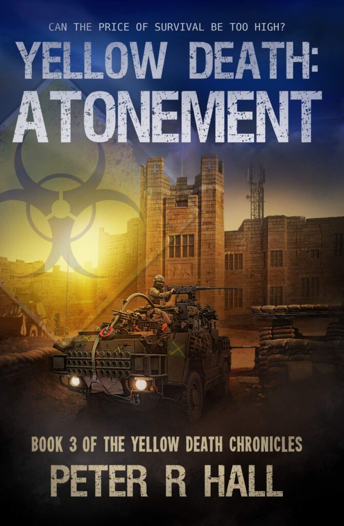 Book cover of Yellow Death Atonement. A military SUV drives in front of a castle.