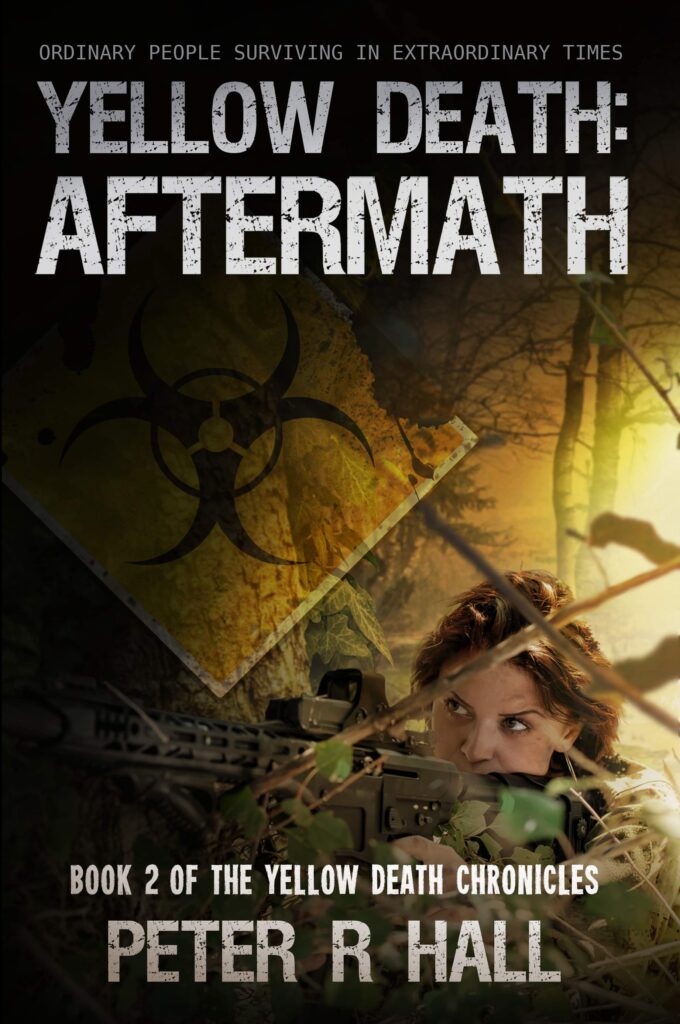 The book cover for Yellow Death Aftermath. A young woman holding a machine gun peeks through vegetation