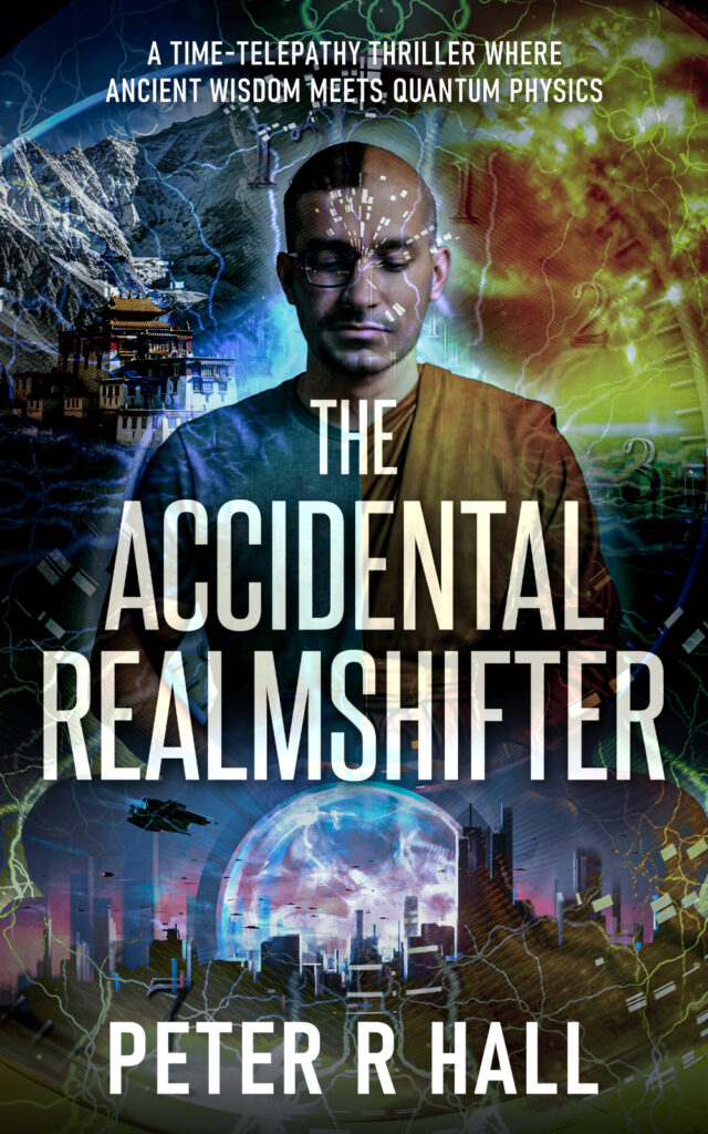 Book cover for The Accidental Realmshifter which is a composite of several mystical images and a man meditating