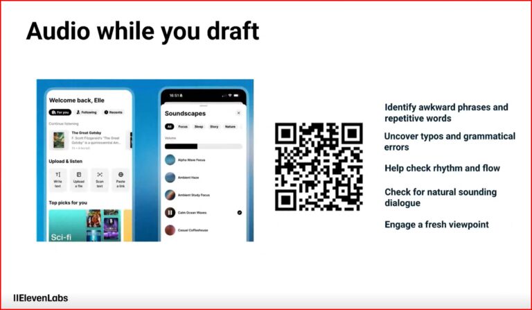 A presentation slide called 'Audio while you draft showing the benefits of using audio for proofreading your manuscript