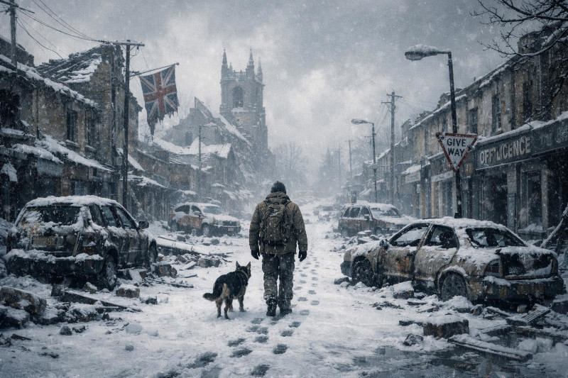 A grim snowy scene where a man and his dog walk through an abandoned post apocalyptic town