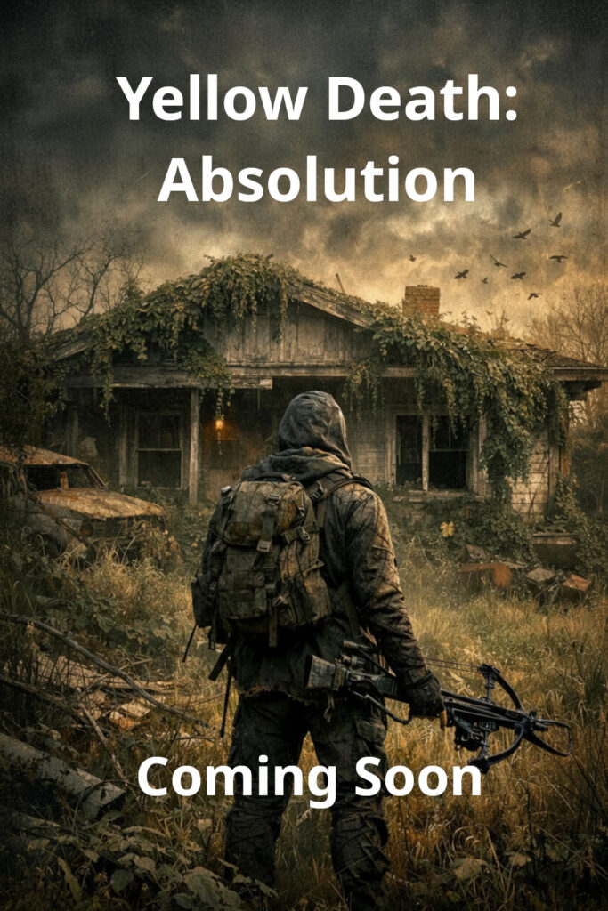 A hooded man holding a crossbow stands in front of an abandoned house covered in overgrown vegetation