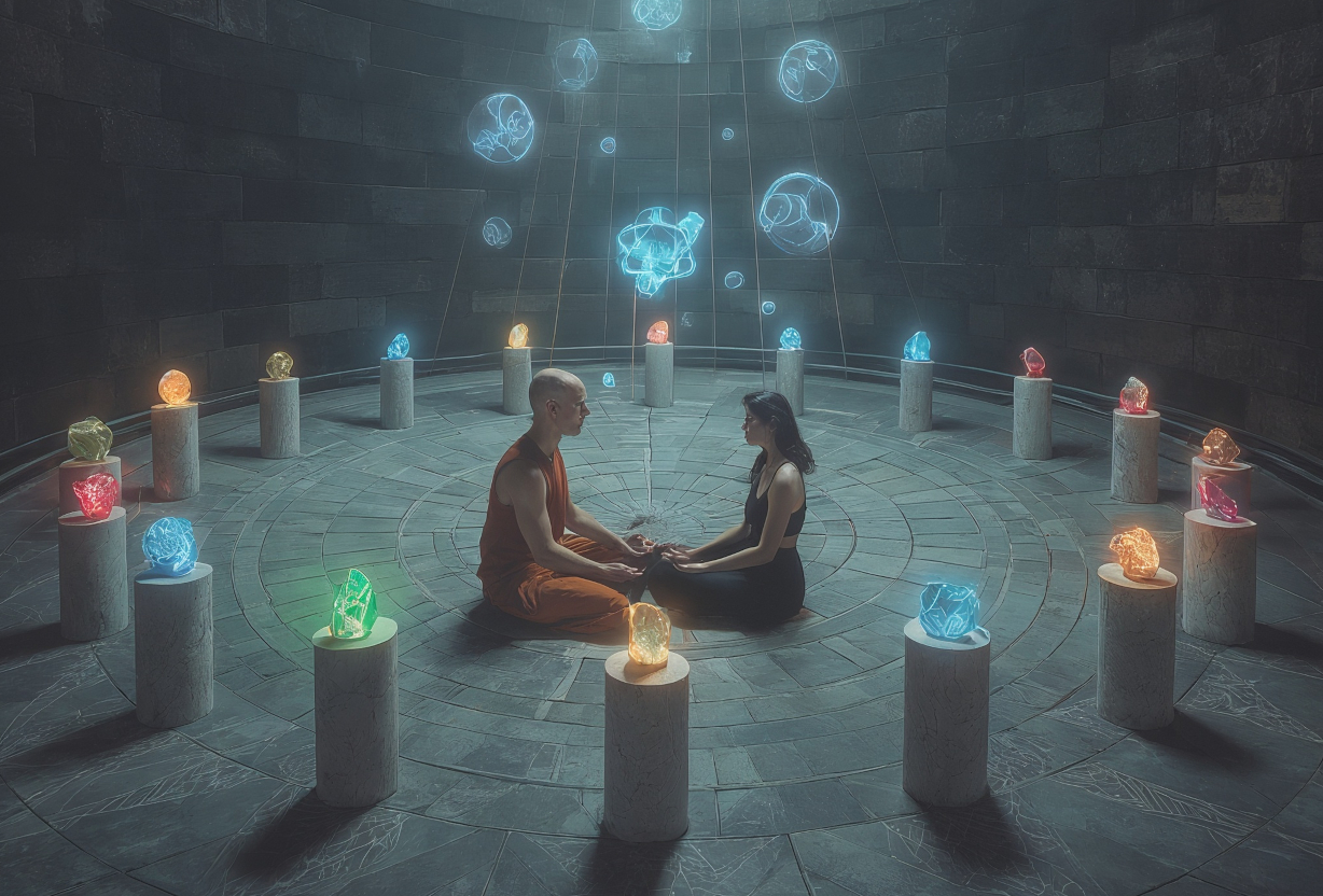 A man and woman sit cross legged facing each other in an underground chamber surrounded by coloured lights