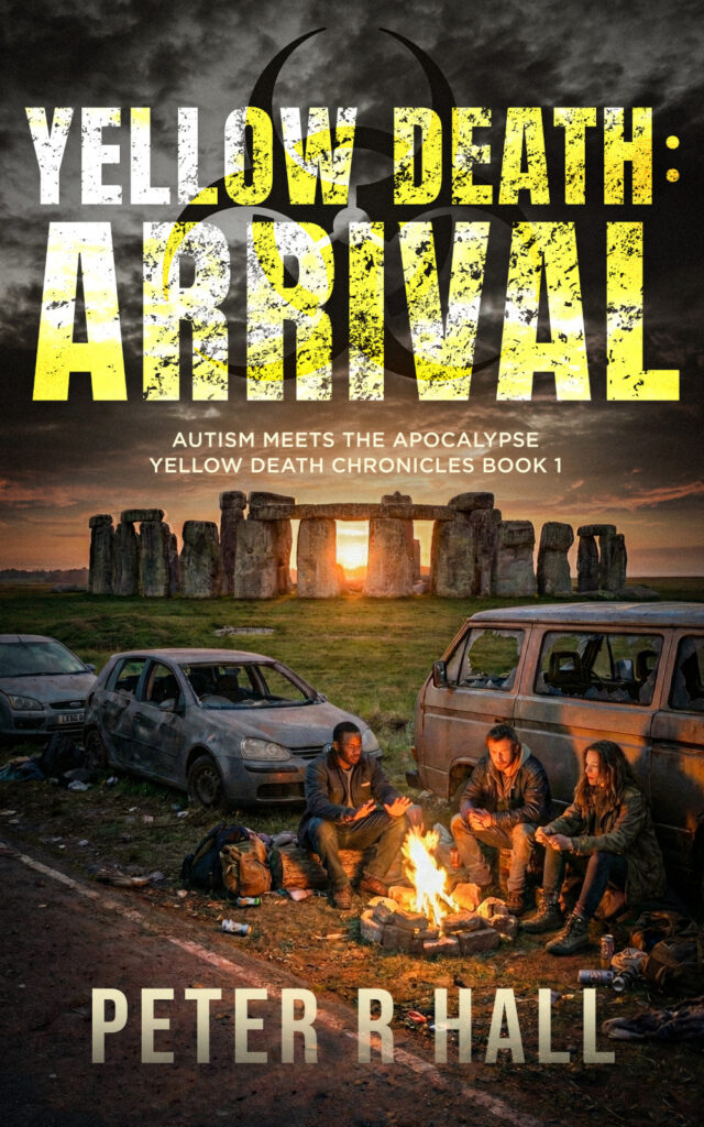 Yellow Death: Arrival book cover. Three people sit at a camp fire with Stonehenge in the background