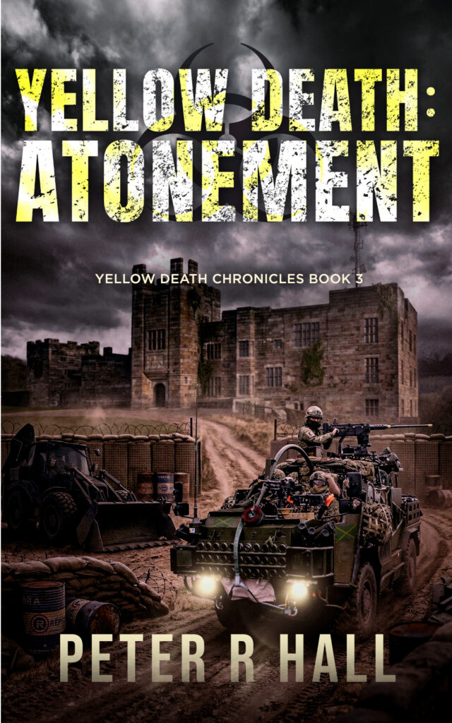 A military ATV drives away from a castle